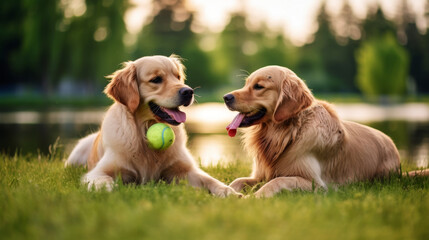 A golden retriever with his best friend, happy.