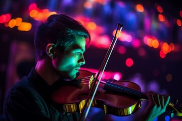Fototapeta premium Male violinist concert performance. Instrumental orchestra soloist on radiant neon illumination. Generate ai