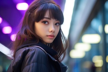 Fototapeta premium A woman with long hair stands confidently in front of a modern city building, creating a striking contrast.