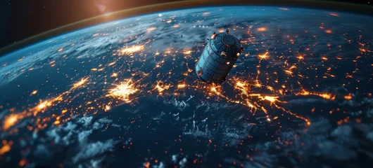 Cercles muraux Nasa telecom communication satellite orbiting around the globe earth with futuristic technology datum hologram information for online and internet connection and gps space orbit services, Generative AI