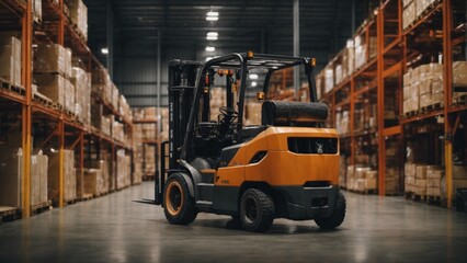 Forklift doing storage in warehouse by artificial intelligence automation. Robotics applied to industrial logistics.