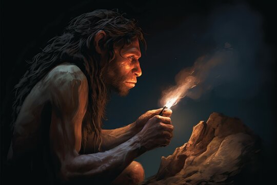 Neanderthals man with fire flame. Prehistoric caveman discover light bonfire. Generate ai