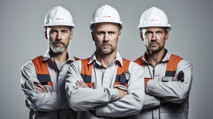 A Confident team of engineers, wearing hard plastic helmets, arms crossed, looking up, white isolated background.