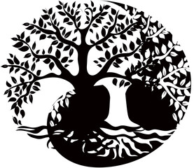 Tree of Life symbol inside a Yin and Yang symbol. Tree of Life Symbol in the shape of Yin and Yang, black and white vector drawing