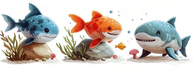 cutout set of 3 cartoon aquarium or sea fish and baby shark animal toys characters isolated on...