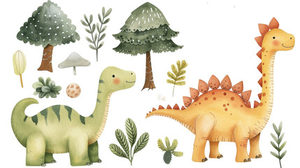 Collection of watercolor dinosaurs and plants, with a whimsical, child-friendly style.
