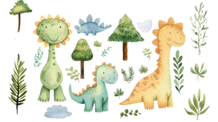 Rolgordijnen Collection of watercolor dinosaurs and plants, with a whimsical, child-friendly style. © mashimara