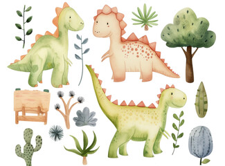 Collection of watercolor dinosaurs and plants, with a whimsical, child-friendly style.