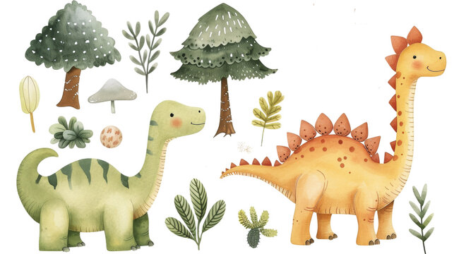 Fototapeta Collection of watercolor dinosaurs and plants, with a whimsical, child-friendly style.