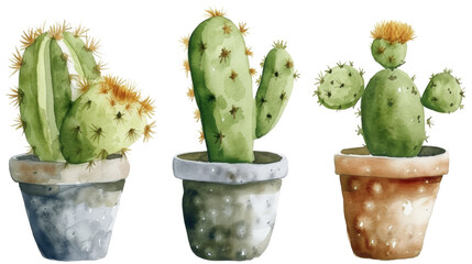 Watercolor cacti in pots, varying in shape and size, with flowers, home gardening, succulents, white background
