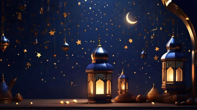 Islamic Concept Lantern with moon shining Gen AI