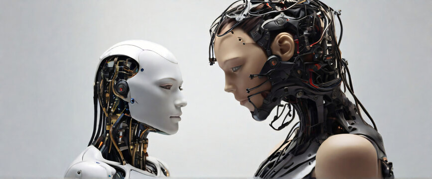 Machine vs human: AI robot and man facing each other Ai generated