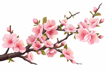 Blooming branch of fruit tree on white background. Apple, peach, almond or sakura blossom. Delicate little pink flowers