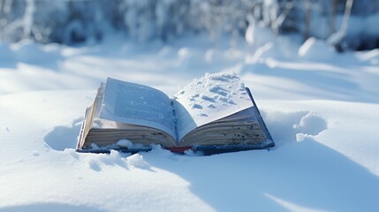 an open book lies on the snow in the forest