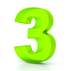 Number three with green glass material. 3d symbol for graphic design, presentation or background