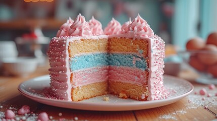 Tasty cake dessert. Blue and pink layers. Holiday home decoration. Fun gender party. People guess baby boy or girl. Surprise festive design. Beautiful decor. Expecting child concept. Cut sweet pastry.