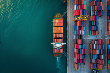 Aerial view of cargo carrying full container for logistic transportation, large ship in ocean freight shipping, and business commerce maritime. 
