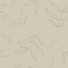 Seamless pattern background with leaves, simple floral nature vector design. Line art, silhouette 