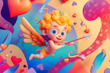 Playful Cartoon Cupid with Hearts and Arrows