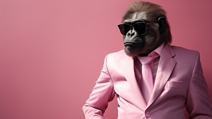 A monkey dressed in a pink suit and sunglasses, isolated on pink background