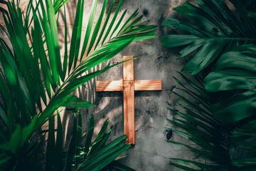 overhead view of a religious cross with palm leaves. Easter palm sunday background - obrazy, fototapety, plakaty