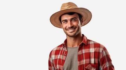 Agriculture, Confident Farmer Wearing a wide-brimmed hat and a red striped shirt, standing looking at the camera, isolated on a white transparent background.