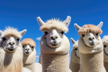 A group of llamas, with brown and white fur, stand next to each other in a grassy field.