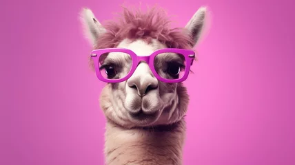 Photo sur Plexiglas Lama A llama with pink glasses stands against a pink background, bringing a pop of color to the scene.