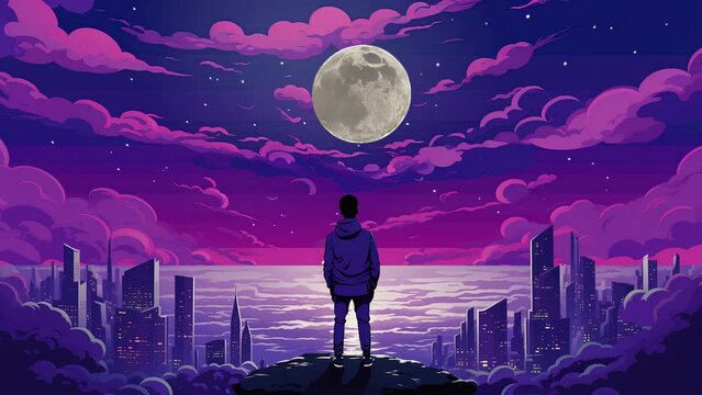 Animated virtual Silhouette of boy on Landscape background night city. Lo-fi. Loop	