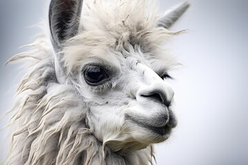 A close-up shot capturing the details of a llamas face, showcasing its curly wool and expressive wide eyes.