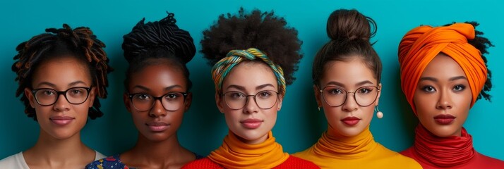 five young women, in the style of optical color mixing, culturally diverse elements