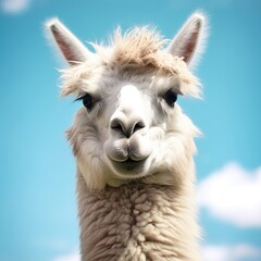 A detailed photograph showcasing a llama up close against the backdrop of a clear blue sky.