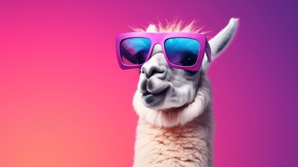 A llama is wearing sunglasses against a pink background.