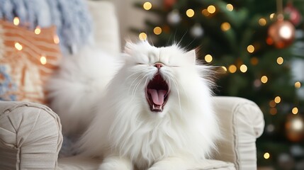 Fototapeta na wymiar A Cute white Persian cat lying on a modern rocking chair. and yawn against the background of a stylishly decorated Christmas tree in a sunny living room. Pet and Winter Holiday Ideas