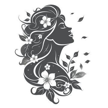 Logo of a woman and flowers, aromatherapy, nature, care, health. Logo d'une femme et des fleurs, aromathérapie, nature, soin, santé.