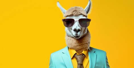 A llama dressed in a suit and sunglasses stands confidently in a field.