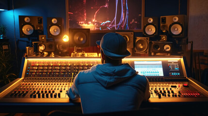 Back view of a musical producer, headphones clad, creating rhythmic resonance in the recording studio