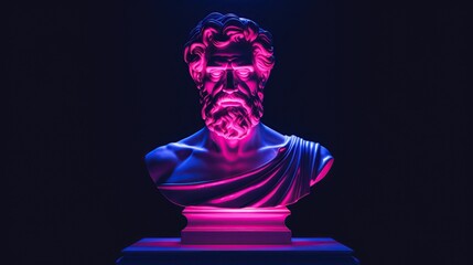 A classical bust of Hercules illuminated in neon pink and blue lights, creating a dramatic contrast against the dark backdrop.