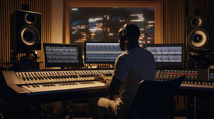 Back view of a musical producer, headphones clad, creating rhythmic resonance in the recording studio