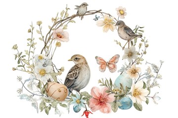 Easter Whimsy: Cute Watercolor Illustration of Easter Wreath.