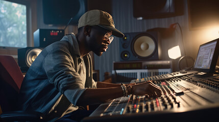 Back view of a musical producer, headphones clad, creating rhythmic resonance in the recording studio - obrazy, fototapety, plakaty
