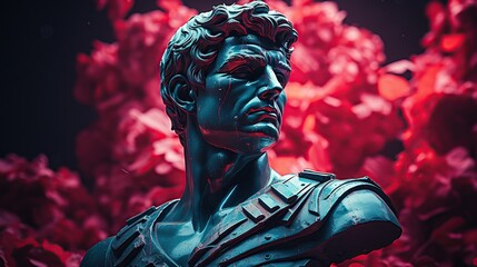 A modern interpretation of a classic bust sculpture set against a vibrant red backdrop, showcasing a dramatic contrast.