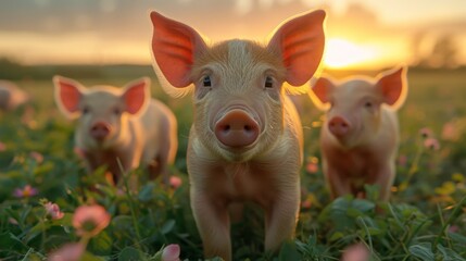 pigs on a field with amazing light 