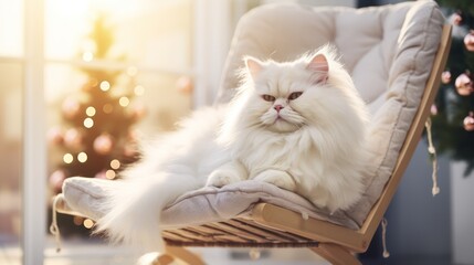 A Cute white Persian cat lying on a modern rocking chair. and yawn against the background of a stylishly decorated Christmas tree in a sunny living room. Pet and Winter Holiday Ideas - obrazy, fototapety, plakaty