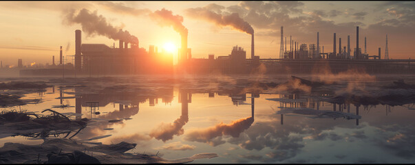 Sun sets behind smoke-emitting industrial factories, reflecting in a still, polluted water surface with debris..
