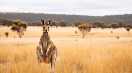 Naklejka premium A kangaroo stands alert in the golden grasses of the Australian outback, with a backdrop of sparse trees and expansive sky, embodying the essence of the wilderness.
