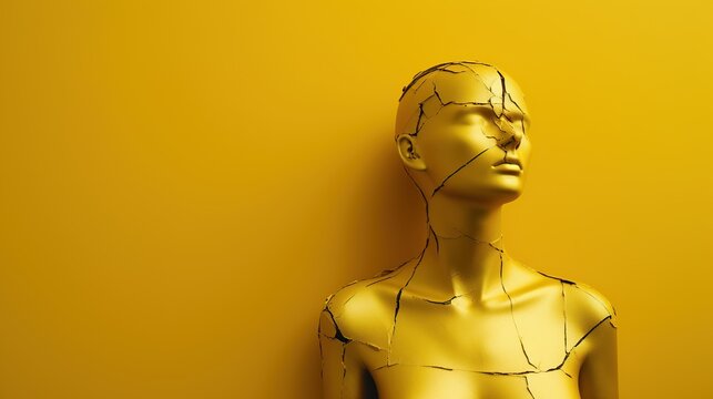 A golden mannequin with a cracked surface texture set against a vivid yellow background, creating a powerful metaphor for imperfection and beauty.