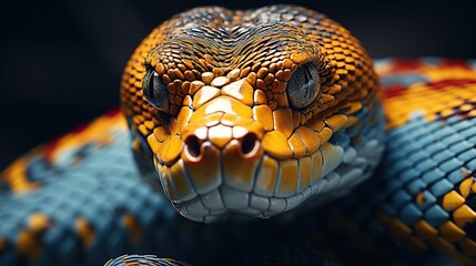 Fototapeta premium An up-close portrait of a python, with intricate scales detailed in orange, yellow, and black, showcasing the mesmerizing eyes and texture of this exotic reptile.
