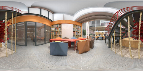 360 degrees working space, office interior 3d render - obrazy, fototapety, plakaty