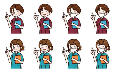 バインダーを持つスクラブを着た女性のセット